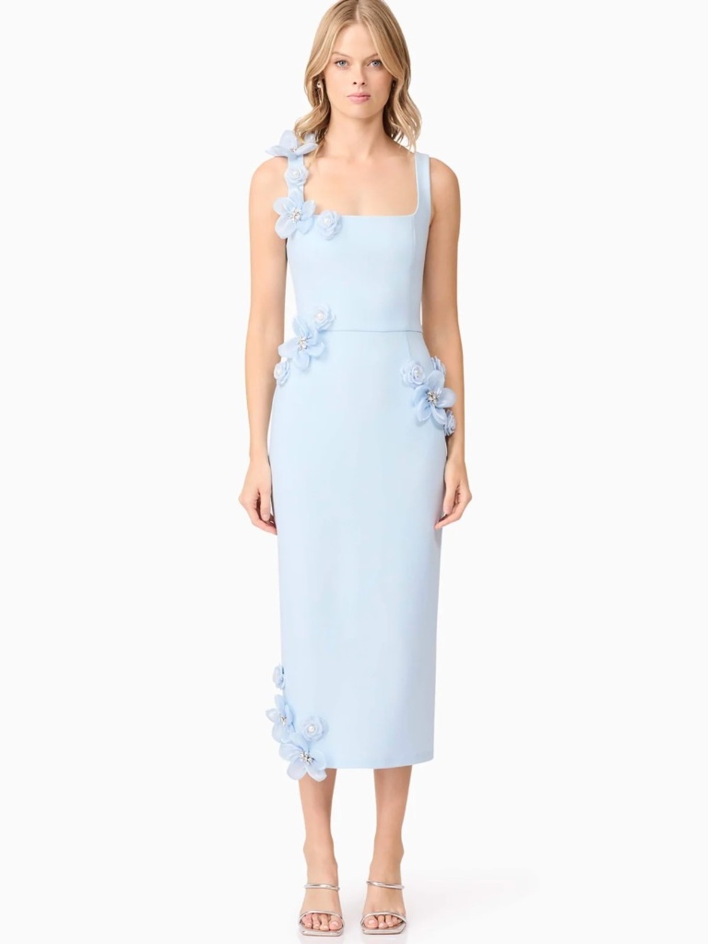 Elliatt Powder Blue Floral-Applique Midi Dress